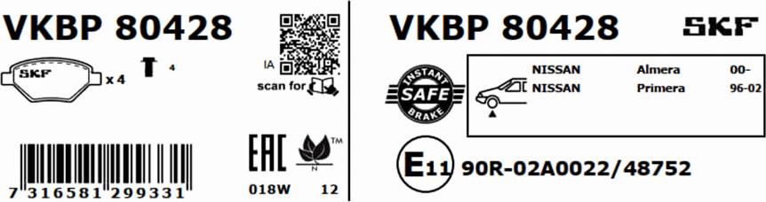 SKF VKBP 80428 - Bromsbeläggssats, skivbroms xdelar.se