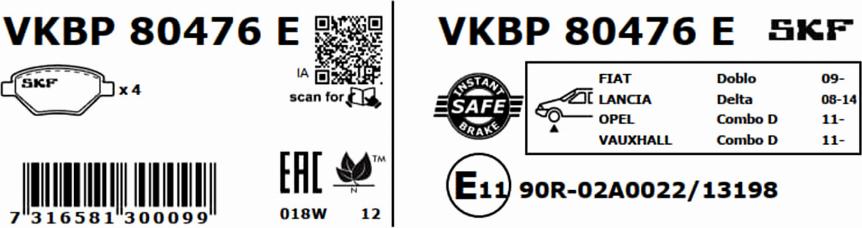 SKF VKBP 80476 E - Bromsbeläggssats, skivbroms xdelar.se