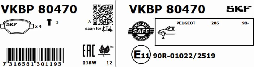 SKF VKBP 80470 - Bromsbeläggssats, skivbroms xdelar.se