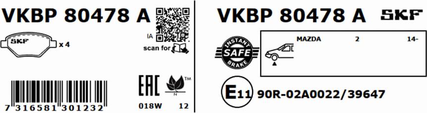 SKF VKBP 80478 A - Bromsbeläggssats, skivbroms xdelar.se