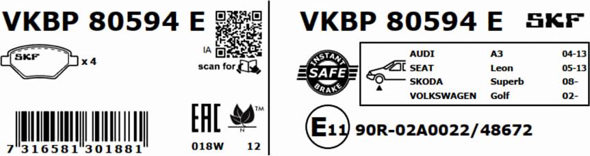 SKF VKBP 80594 E - Bromsbeläggssats, skivbroms xdelar.se