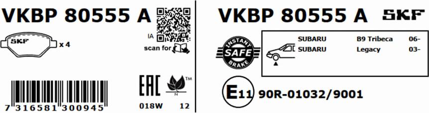 SKF VKBP 80555 A - Bromsbeläggssats, skivbroms xdelar.se