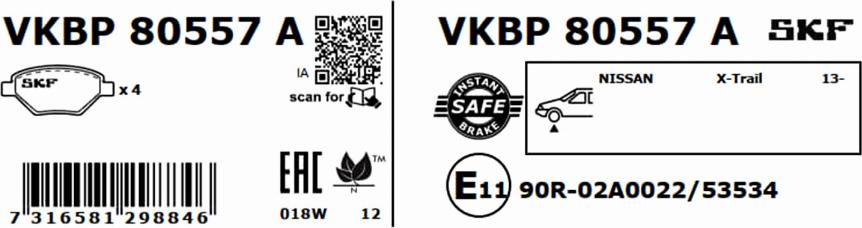 SKF VKBP 80557 A - Bromsbeläggssats, skivbroms xdelar.se