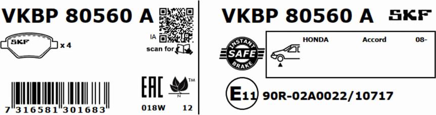 SKF VKBP 80560 A - Bromsbeläggssats, skivbroms xdelar.se