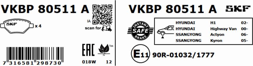 SKF VKBP 80511 A - Bromsbeläggssats, skivbroms xdelar.se