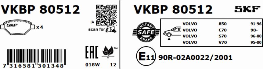 SKF VKBP 80512 - Bromsbeläggssats, skivbroms xdelar.se