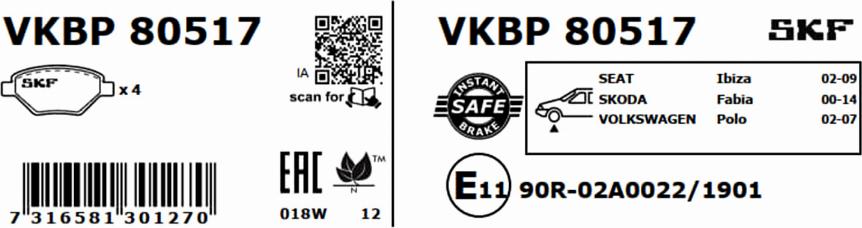 SKF VKBP 80517 - Bromsbeläggssats, skivbroms xdelar.se