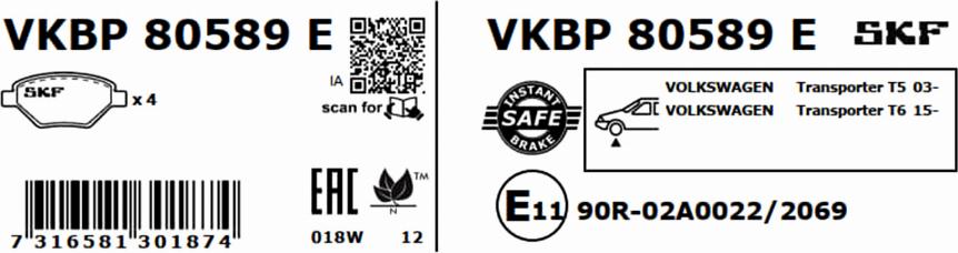 SKF VKBP 80589 E - Bromsbeläggssats, skivbroms xdelar.se