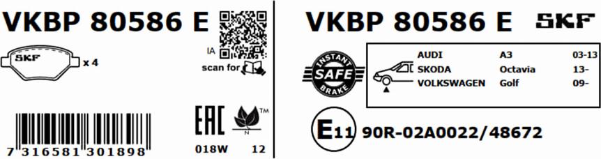 SKF VKBP 80586 E - Bromsbeläggssats, skivbroms xdelar.se