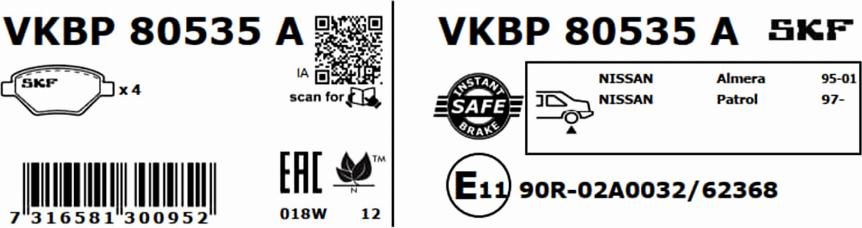 SKF VKBP 80535 A - Bromsbeläggssats, skivbroms xdelar.se