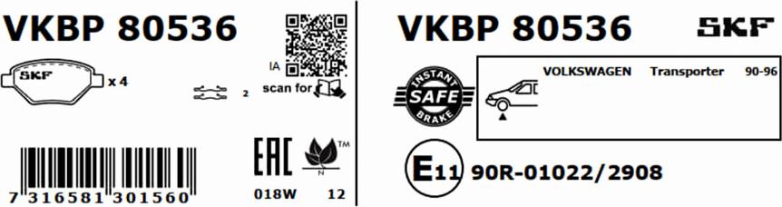 SKF VKBP 80536 - Bromsbeläggssats, skivbroms xdelar.se