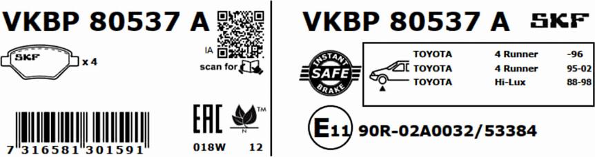 SKF VKBP 80537 A - Bromsbeläggssats, skivbroms xdelar.se