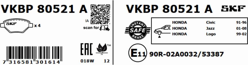 SKF VKBP 80521 A - Bromsbeläggssats, skivbroms xdelar.se