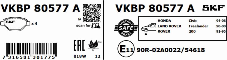 SKF VKBP 80577 A - Bromsbeläggssats, skivbroms xdelar.se