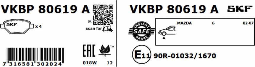 SKF VKBP 80619 A - Bromsbeläggssats, skivbroms xdelar.se