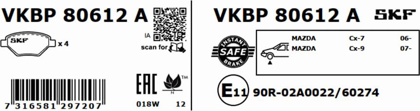 SKF VKBP 80612 A - Bromsbeläggssats, skivbroms xdelar.se