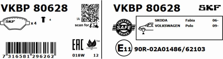 SKF VKBP 80628 - Bromsbeläggssats, skivbroms xdelar.se