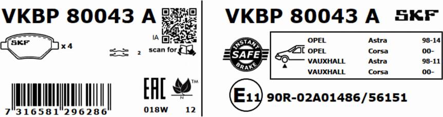 SKF VKBP 80043 A - Bromsbeläggssats, skivbroms xdelar.se