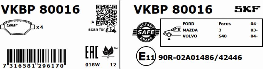 SKF VKBP 80016 - Bromsbeläggssats, skivbroms xdelar.se