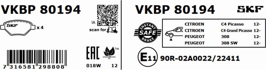 SKF VKBP 80194 - Bromsbeläggssats, skivbroms xdelar.se