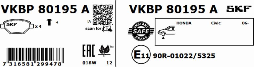 SKF VKBP 80195 A - Bromsbeläggssats, skivbroms xdelar.se