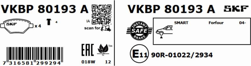 SKF VKBP 80193 A - Bromsbeläggssats, skivbroms xdelar.se