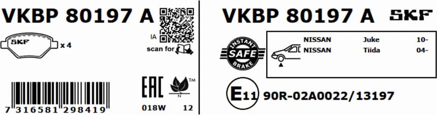 SKF VKBP 80197 A - Bromsbeläggssats, skivbroms xdelar.se