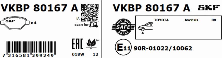 SKF VKBP 80167 A - Bromsbeläggssats, skivbroms xdelar.se