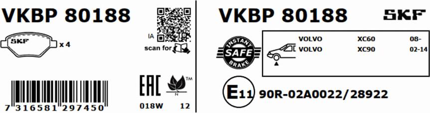 SKF VKBP 80188 - Bromsbeläggssats, skivbroms xdelar.se