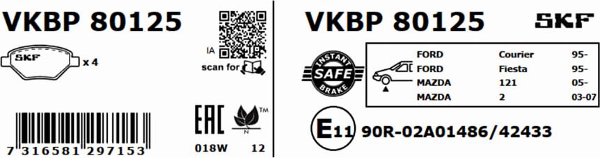 SKF VKBP 80125 - Bromsbeläggssats, skivbroms xdelar.se