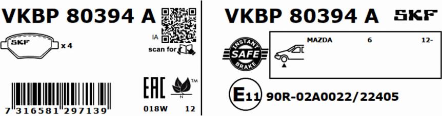 SKF VKBP 80394 A - Bromsbeläggssats, skivbroms xdelar.se