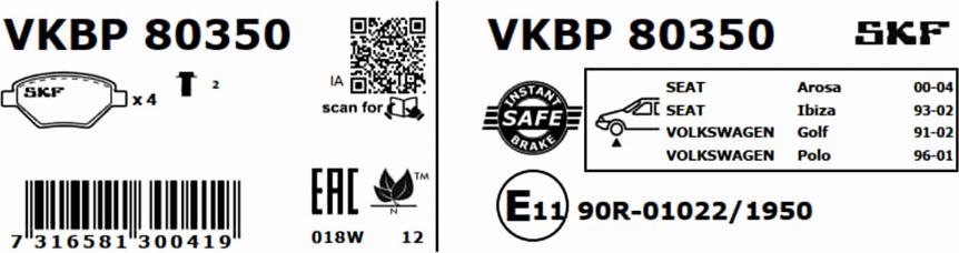 SKF VKBP 80350 - Bromsbeläggssats, skivbroms xdelar.se