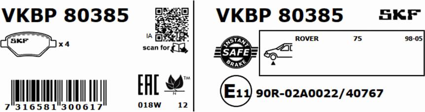 SKF VKBP 80385 - Bromsbeläggssats, skivbroms xdelar.se