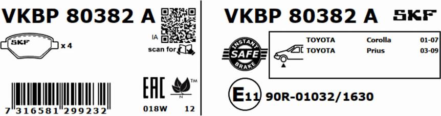 SKF VKBP 80382 A - Bromsbeläggssats, skivbroms xdelar.se