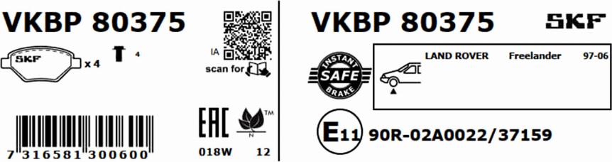 SKF VKBP 80375 - Bromsbeläggssats, skivbroms xdelar.se