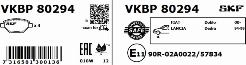 SKF VKBP 80294 - Bromsbeläggssats, skivbroms xdelar.se