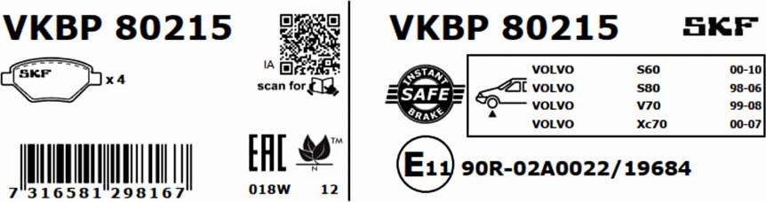 SKF VKBP 80215 - Bromsbeläggssats, skivbroms xdelar.se