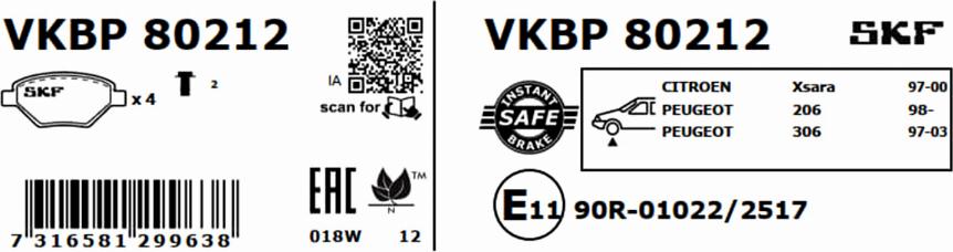 SKF VKBP 80212 - Bromsbeläggssats, skivbroms xdelar.se