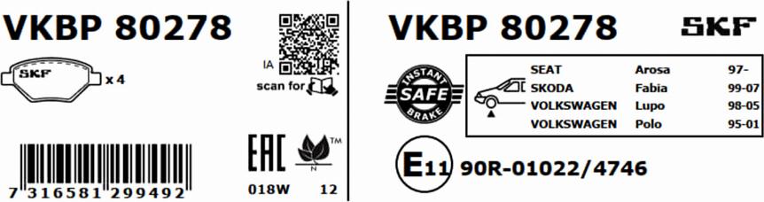 SKF VKBP 80278 - Bromsbeläggssats, skivbroms xdelar.se