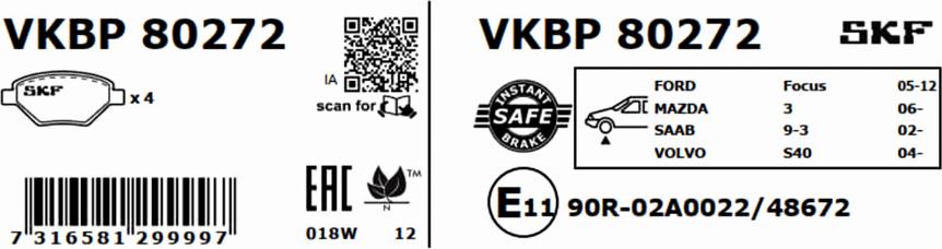 SKF VKBP 80272 - Bromsbeläggssats, skivbroms xdelar.se