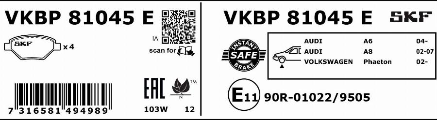 SKF VKBP 81045 E - Bromsbeläggssats, skivbroms xdelar.se